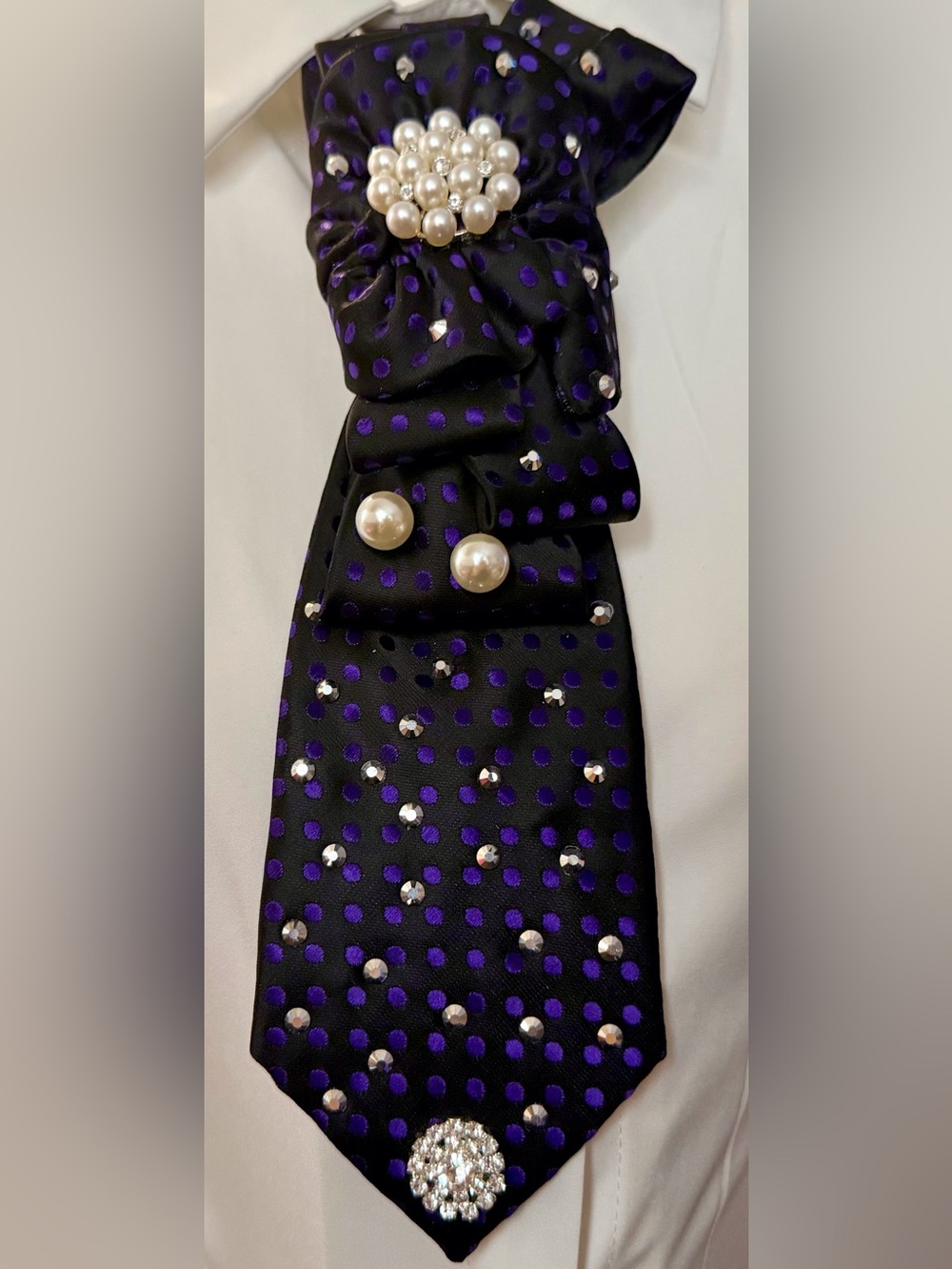 Black Satin Polka Dot Brooch Tie Necklace with Pearl Accents
